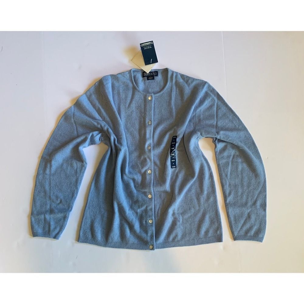 NEW‎ Lands End 100% Cashmere Blue Cardigan Sweater Crew Neck Women M 10-12